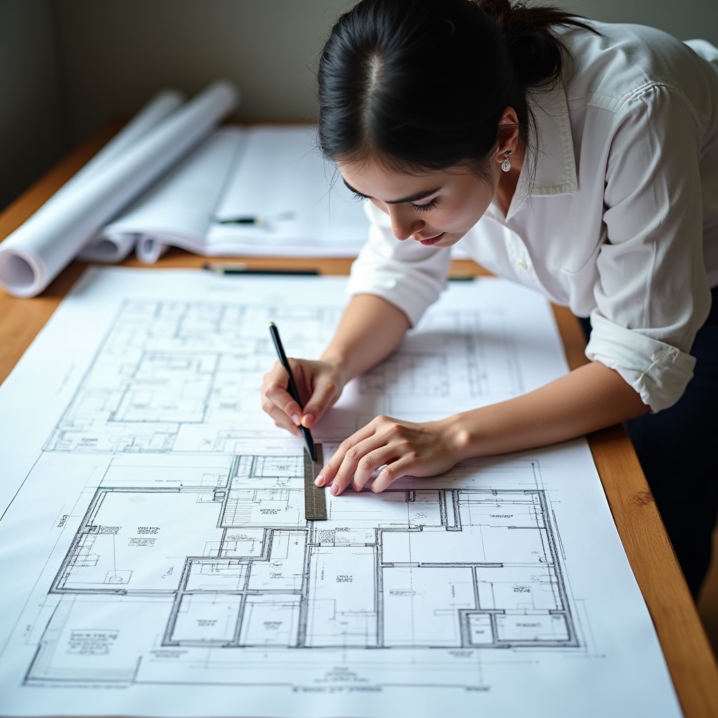 Architect measuring and marking architectural blueprints with ruler and pencil on drafting table, technical drawings and specifications visible