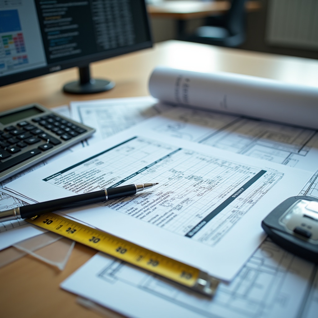 Construction budget documents and technical specifications spread across desk with calculator and measuring tools for detailed cost analysis