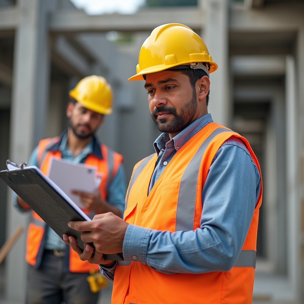 Construction professional in hard hat and safety vest conducting site inspection with clipboard and measuring equipment on active building project