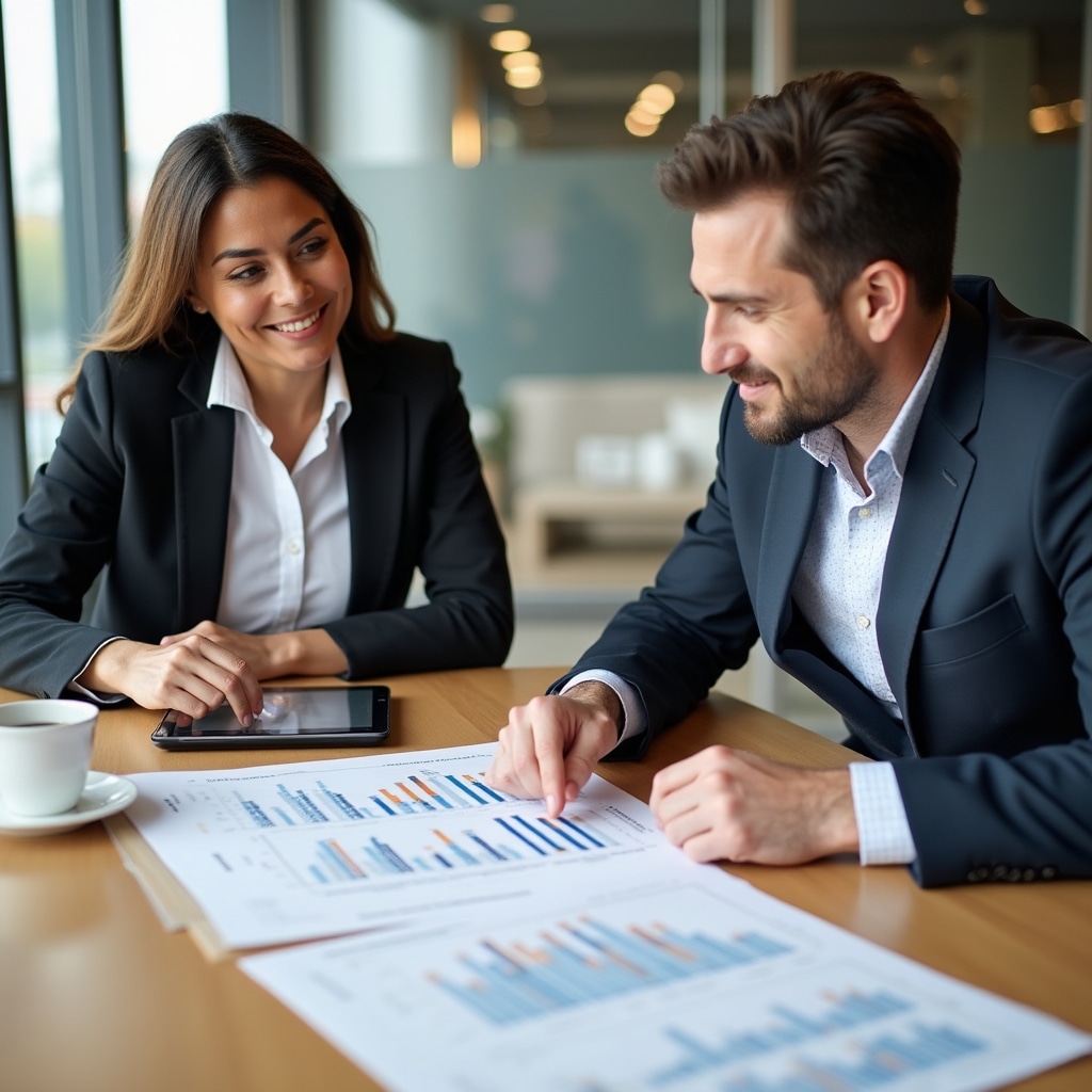 Professional consultation with client reviewing report findings across table, pointing to specific sections and discussing analysis details