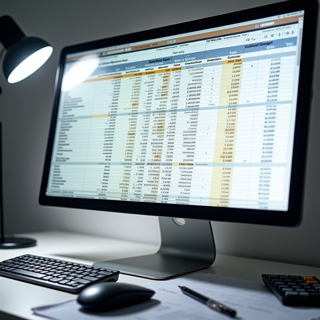 Construction budget spreadsheet with detailed line items, cost breakdowns and financial calculations displayed on computer screen with calculator and pen nearby
