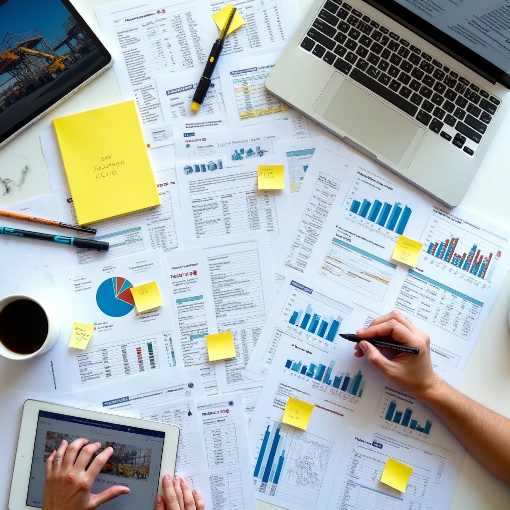 Construction industry market research with multiple data sources, price lists, supplier catalogs and comparative analysis charts spread across workspace