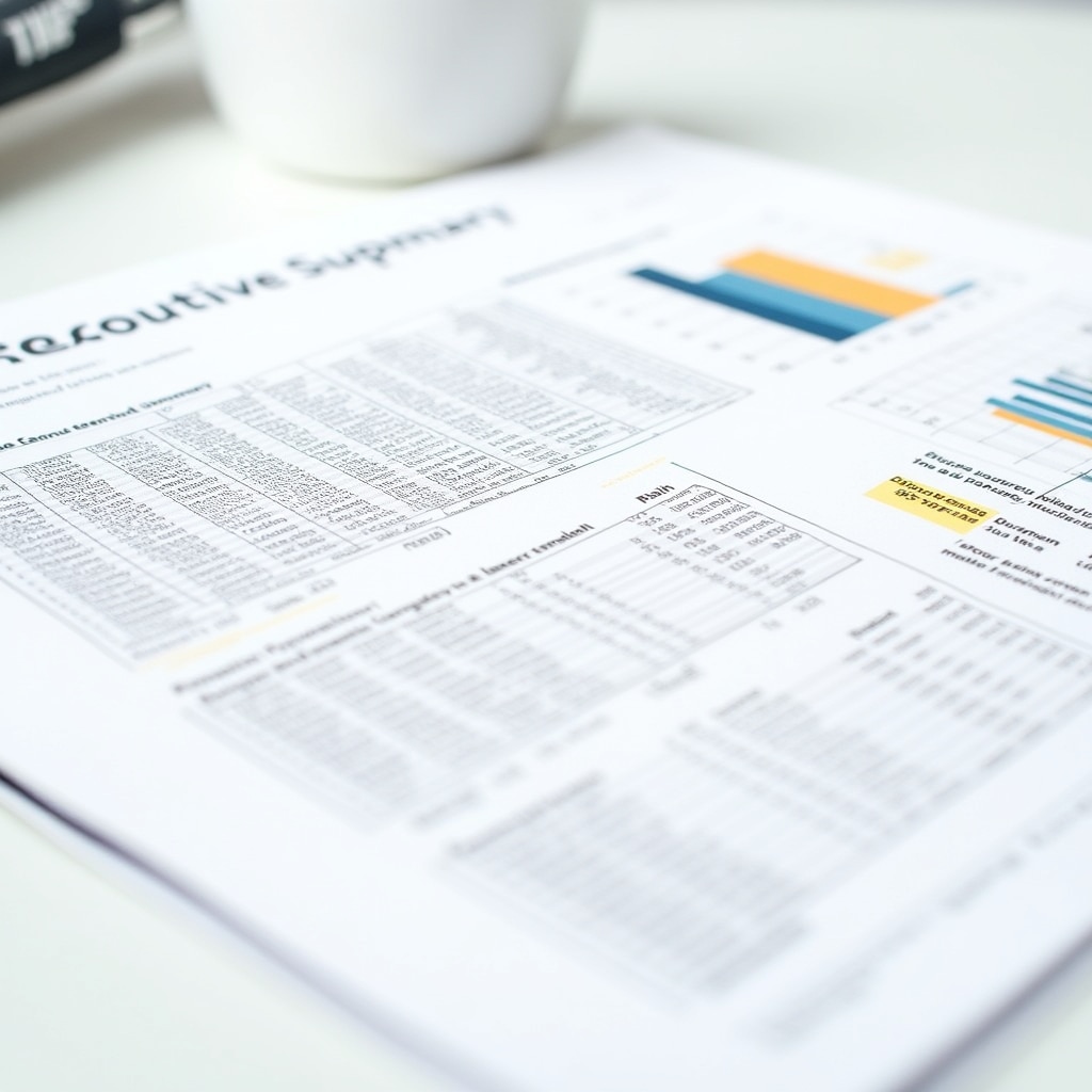 Executive summary page of technical report with key findings highlighted, charts showing cost comparisons and professional formatting on white paper