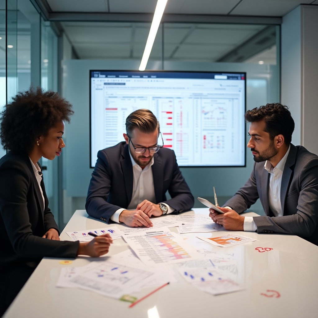 Construction professionals in meeting room reviewing project risks with documents, charts and highlighted areas of concern on presentation screen