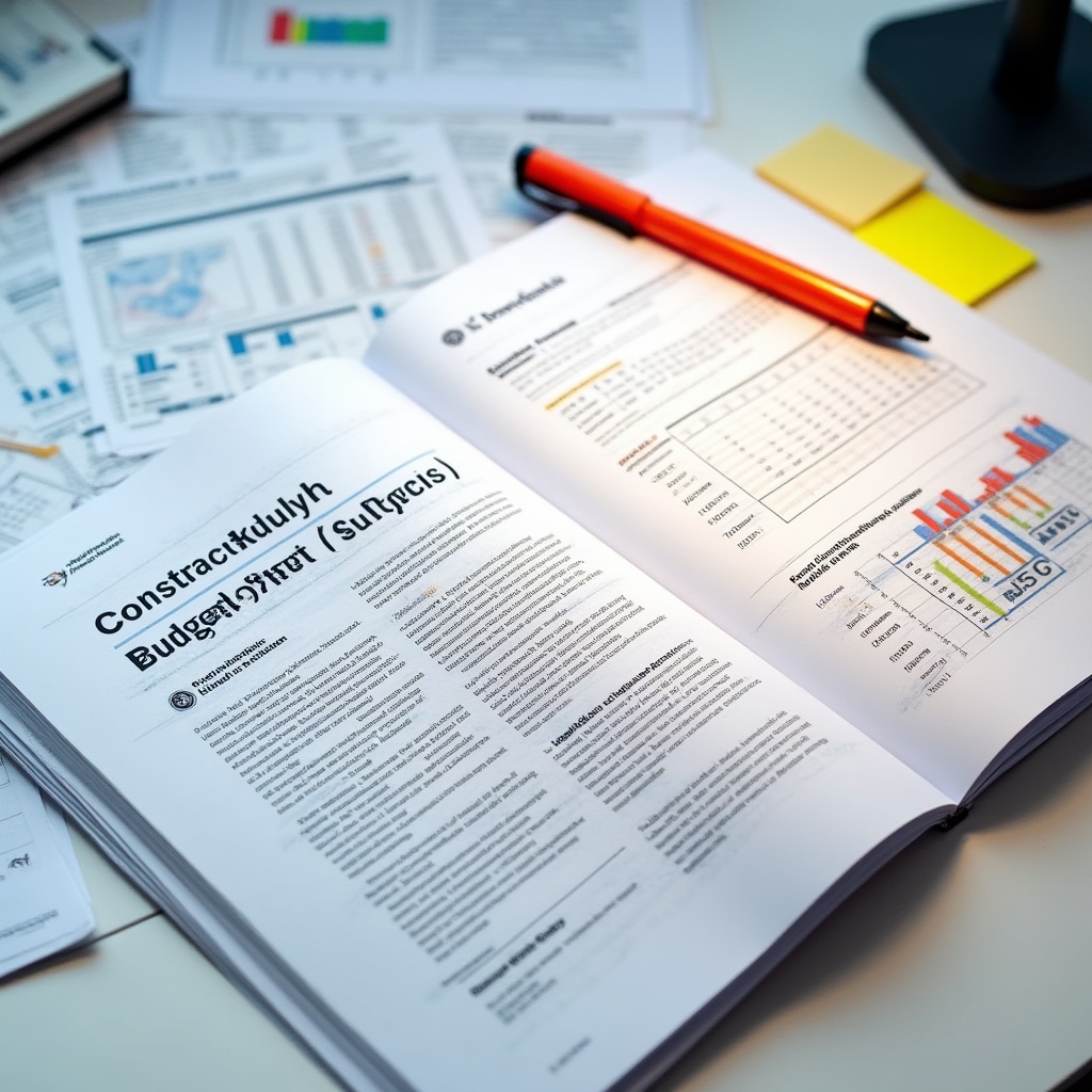Professional technical report document with detailed findings, charts, tables and analysis sections laid out on desk with highlighter and notes